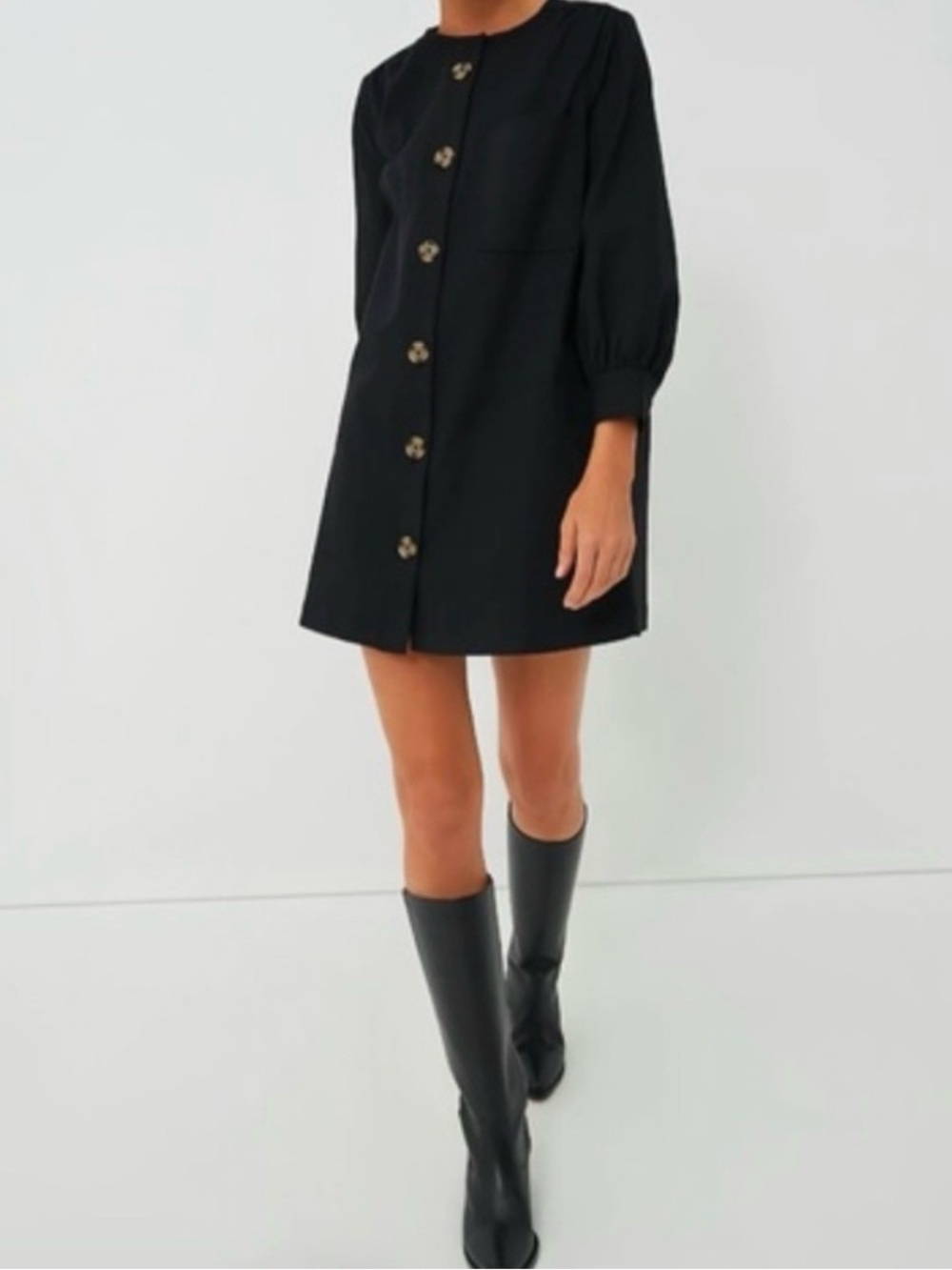 Tuckernuck Black Button-Front Mini Dress with Puff Sleeves; also worn as jacket